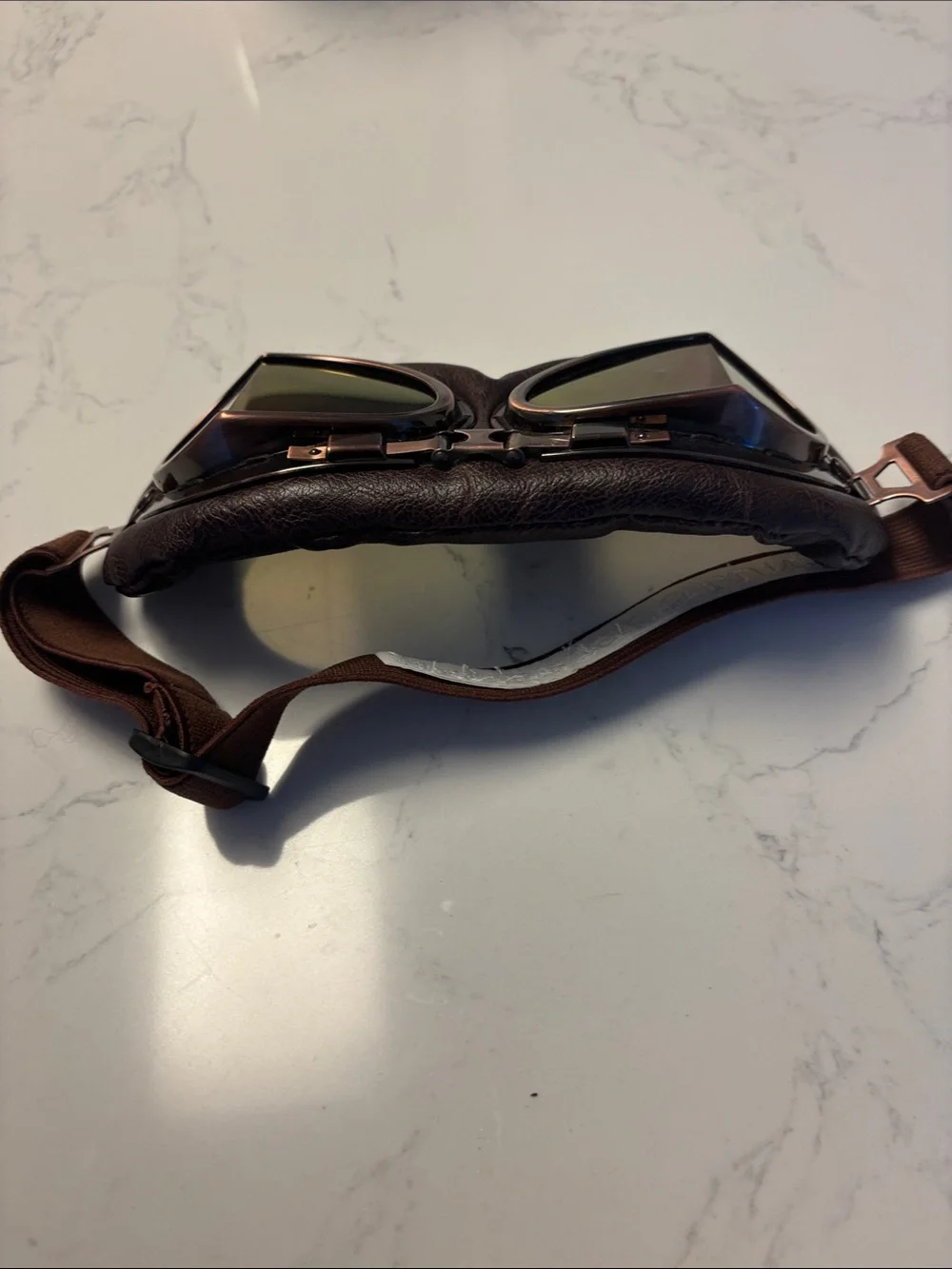 Aviator Style Brown Leather Goggles with Blue Mirrored Lenses